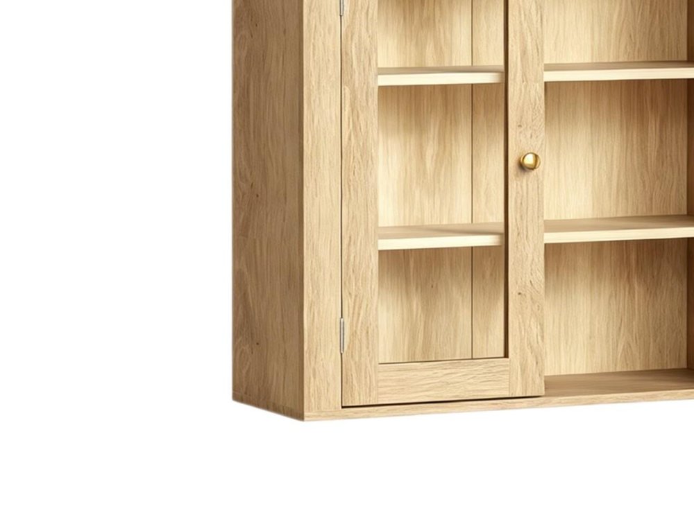 32" Natural Wood Wall Mounted Glass Panel Inlay Four Door Bathroom Cabinet — view 3