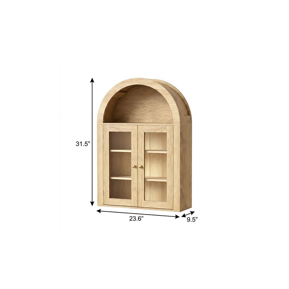 32" Natural Wood Wall Mounted Glass Panel Inlay Four Door Bathroom Cabinet — view 4