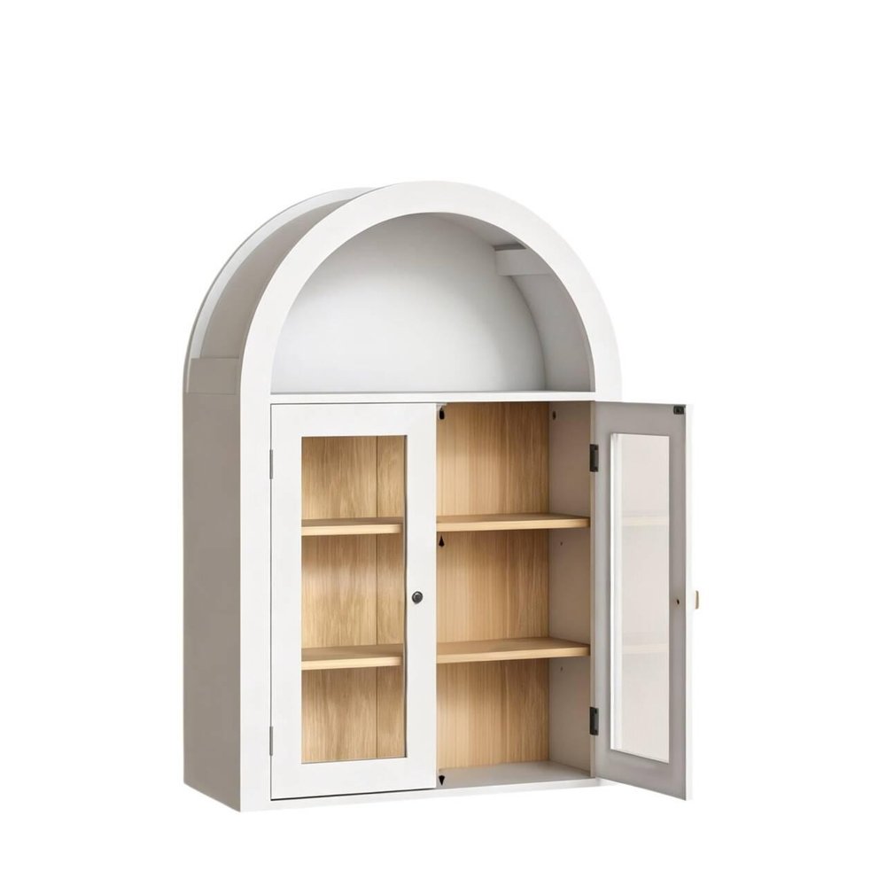 32" White Wood Wall Mounted Glass Panel Inlay Four Door Bathroom Cabinet — view 1