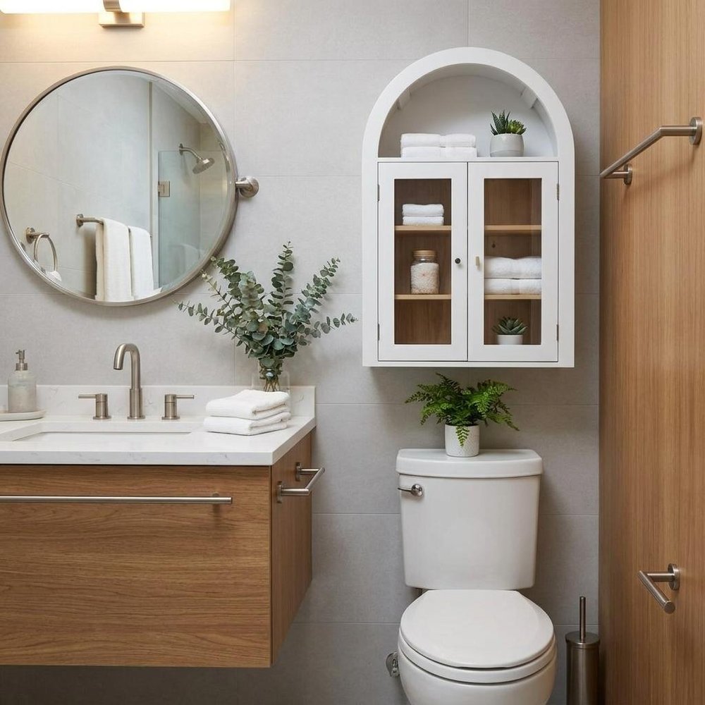 32" White Wood Wall Mounted Glass Panel Inlay Four Door Bathroom Cabinet — view 5