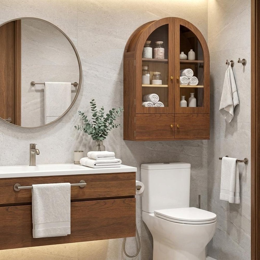 34" Brown Wood Wall Mounted Glass Panel Inlay Four Door Bathroom Cabinet — view 8