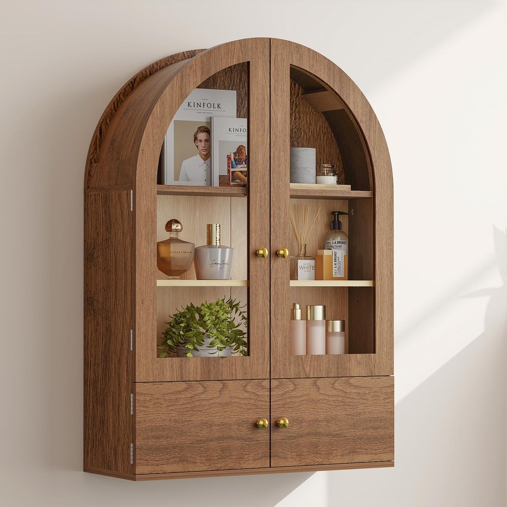 34" Brown Wood Wall Mounted Glass Panel Inlay Four Door Bathroom Cabinet — view 1