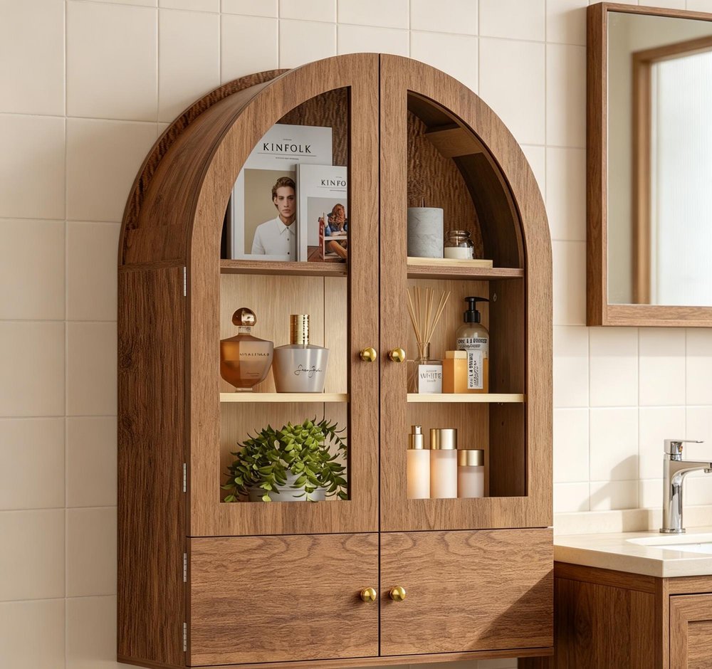 34" Brown Wood Wall Mounted Glass Panel Inlay Four Door Bathroom Cabinet — view 2