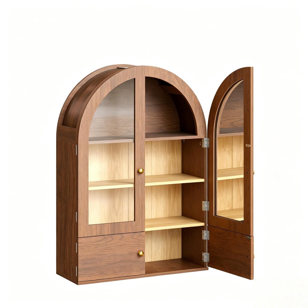 34" Brown Wood Wall Mounted Glass Panel Inlay Four Door Bathroom Cabinet — view 4