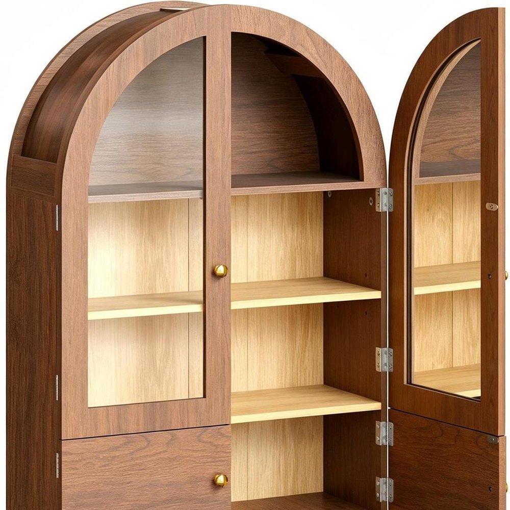 34" Brown Wood Wall Mounted Glass Panel Inlay Four Door Bathroom Cabinet — view 6