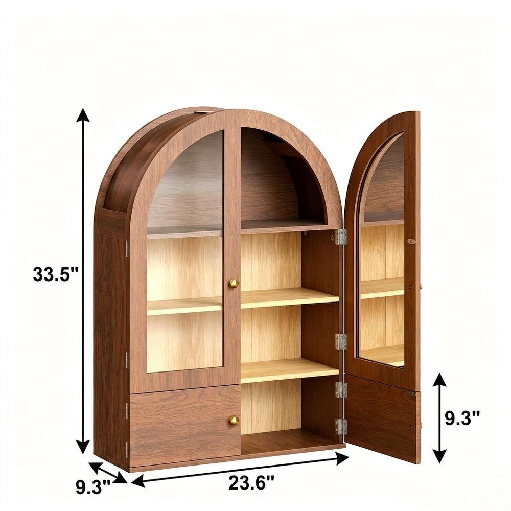 34" Brown Wood Wall Mounted Glass Panel Inlay Four Door Bathroom Cabinet — view 7