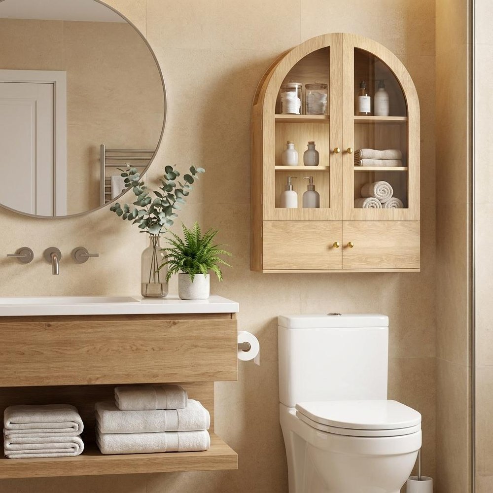 34" Natural Wood Wall Mount Arched Glass Panel Inlay Four Door Bathroom Cabinet — view 5