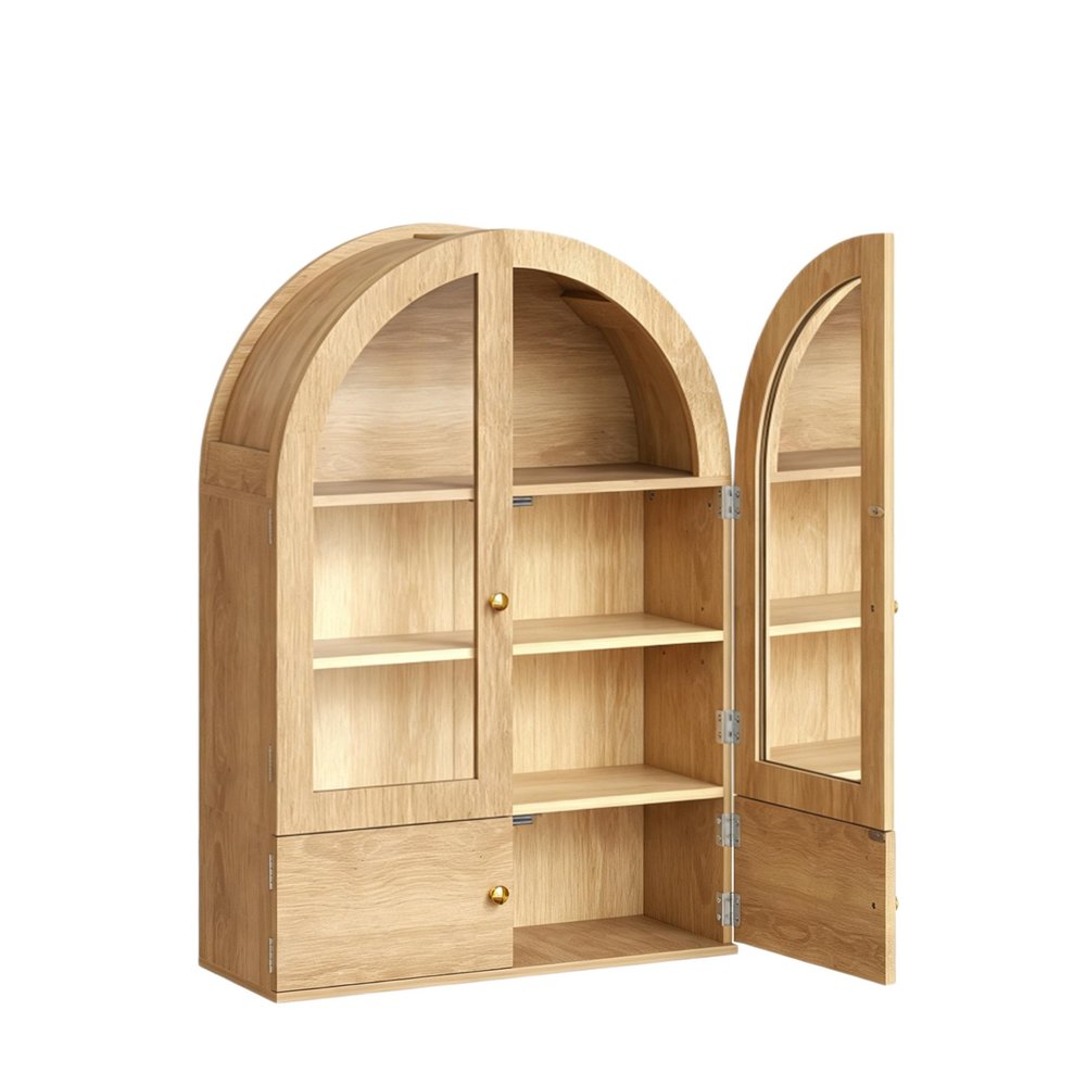 34" Natural Wood Wall Mount Arched Glass Panel Inlay Four Door Bathroom Cabinet — view 1