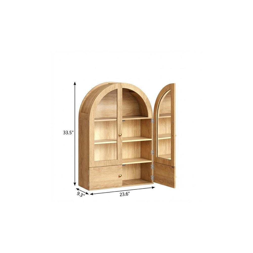 34" Natural Wood Wall Mount Arched Glass Panel Inlay Four Door Bathroom Cabinet — view 2