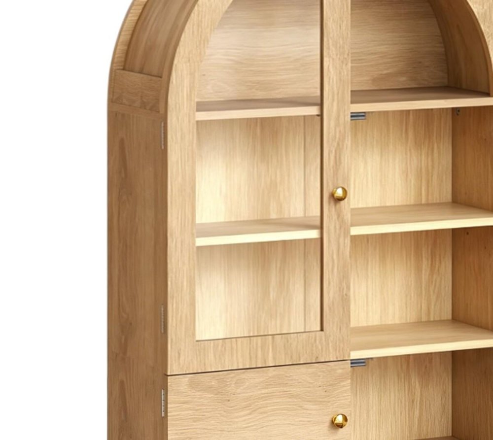 34" Natural Wood Wall Mount Arched Glass Panel Inlay Four Door Bathroom Cabinet — view 4