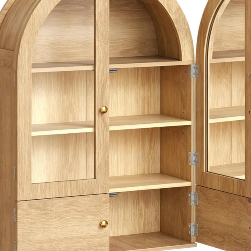 34" Natural Wood Wall Mount Arched Glass Panel Inlay Four Door Bathroom Cabinet