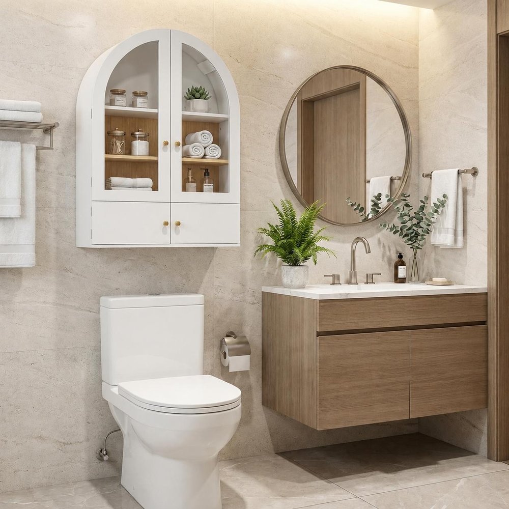 34" White Wood Wall Mounted Glass Panel Inlay Four Door Bathroom Cabinet — view 7