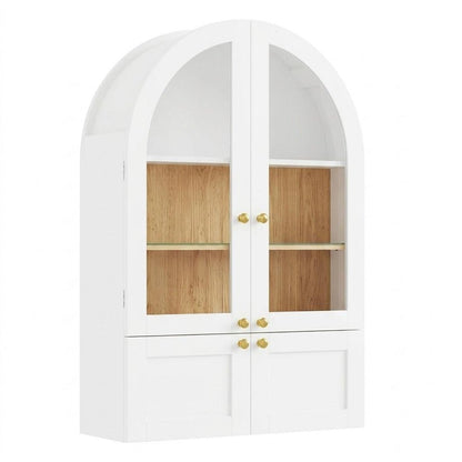 34" White Wood Wall Mounted Glass Panel Inlay Four Door Bathroom Cabinet