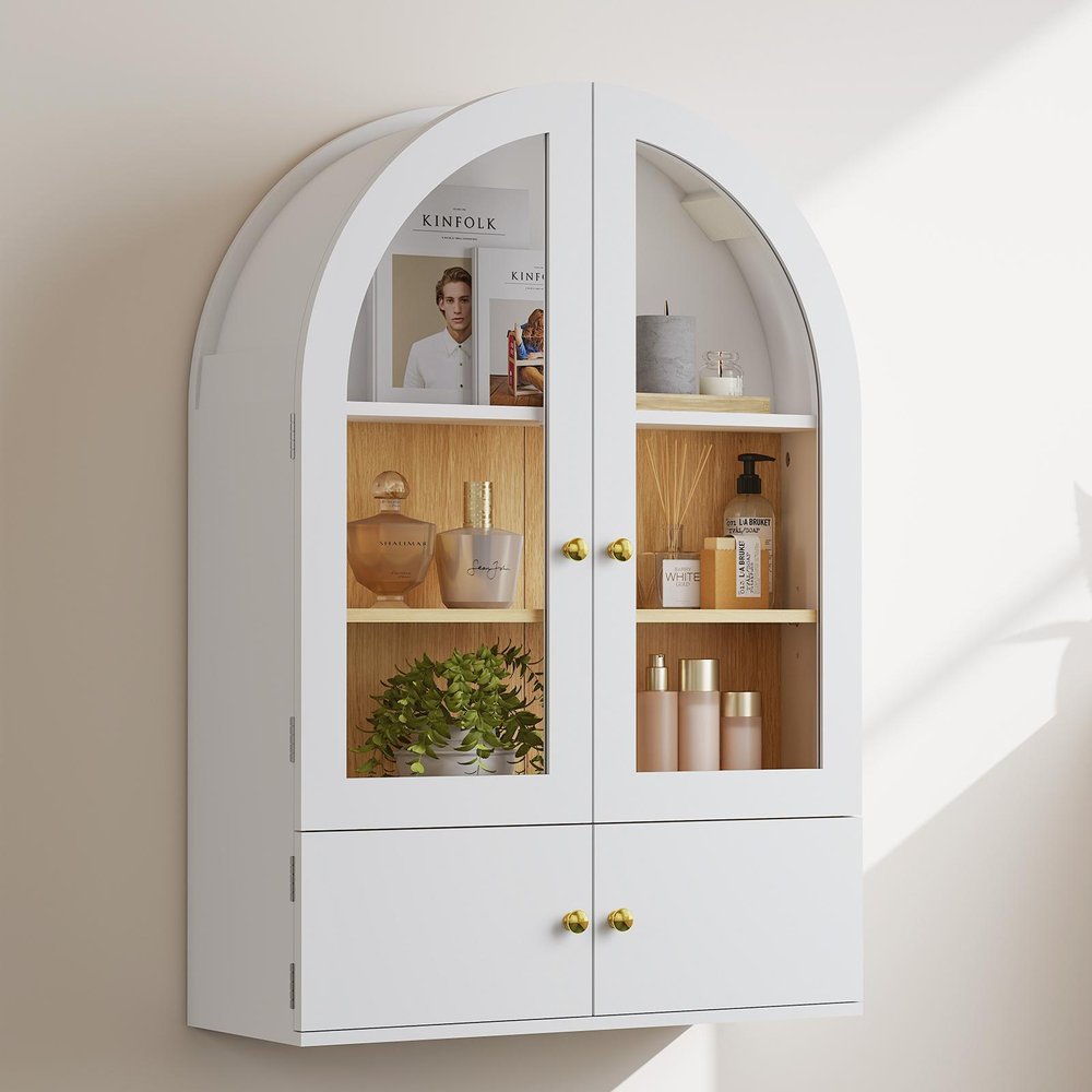 34" White Wood Wall Mounted Glass Panel Inlay Four Door Bathroom Cabinet