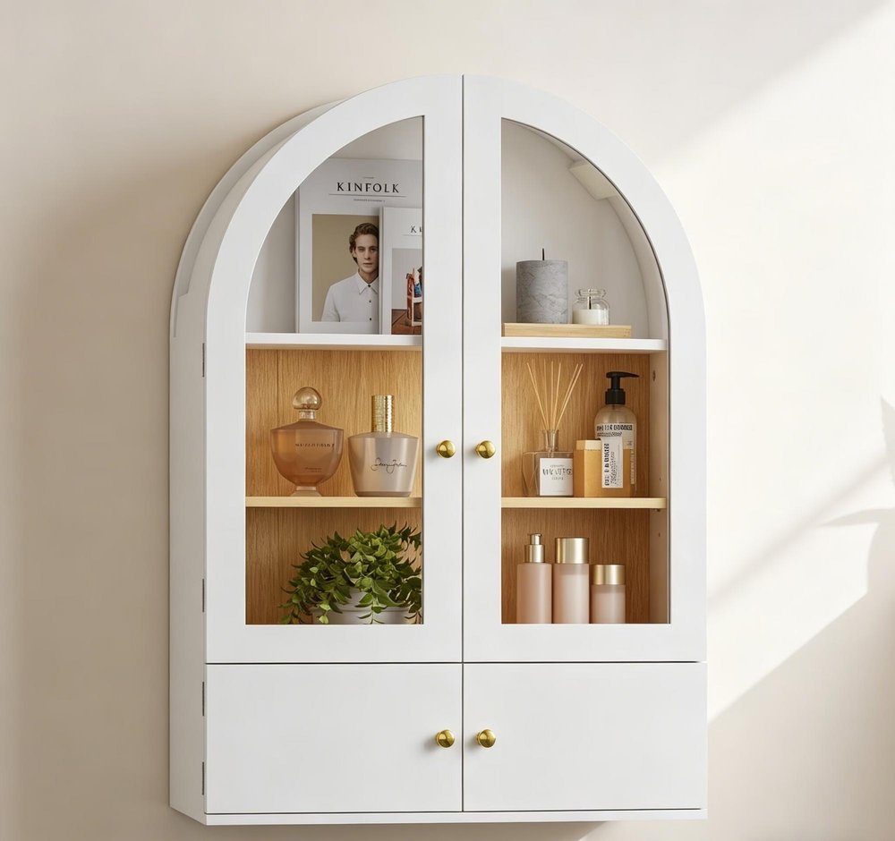 34" White Wood Wall Mounted Glass Panel Inlay Four Door Bathroom Cabinet
