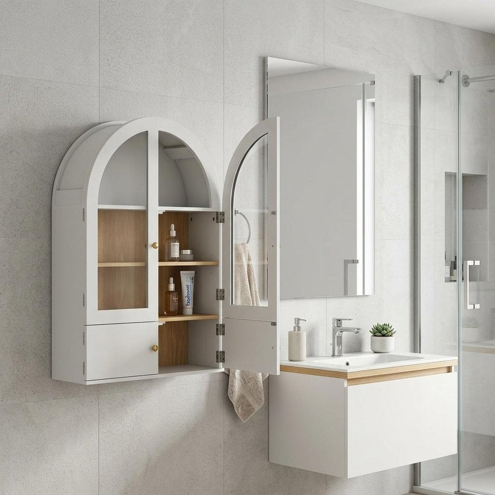 34" White Wood Wall Mounted Glass Panel Inlay Four Door Bathroom Cabinet — view 6