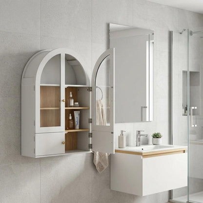 34" White Wood Wall Mounted Glass Panel Inlay Four Door Bathroom Cabinet