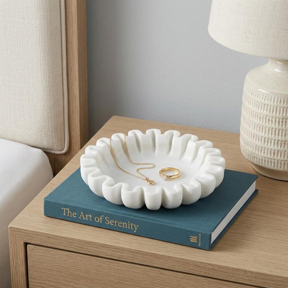 6" White Marble Handmade Scalloped Trinket Tray — view 1
