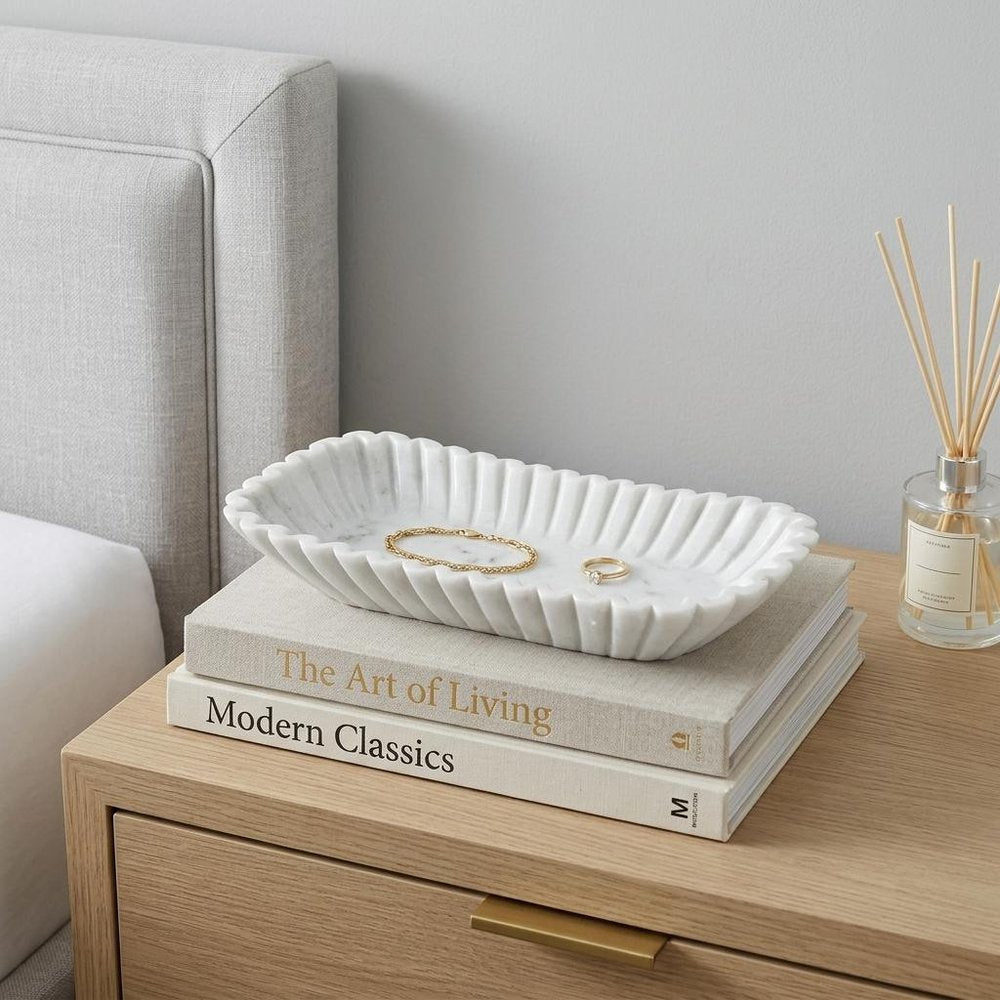 14" White Marble Fluted Oblong Tray — view 1