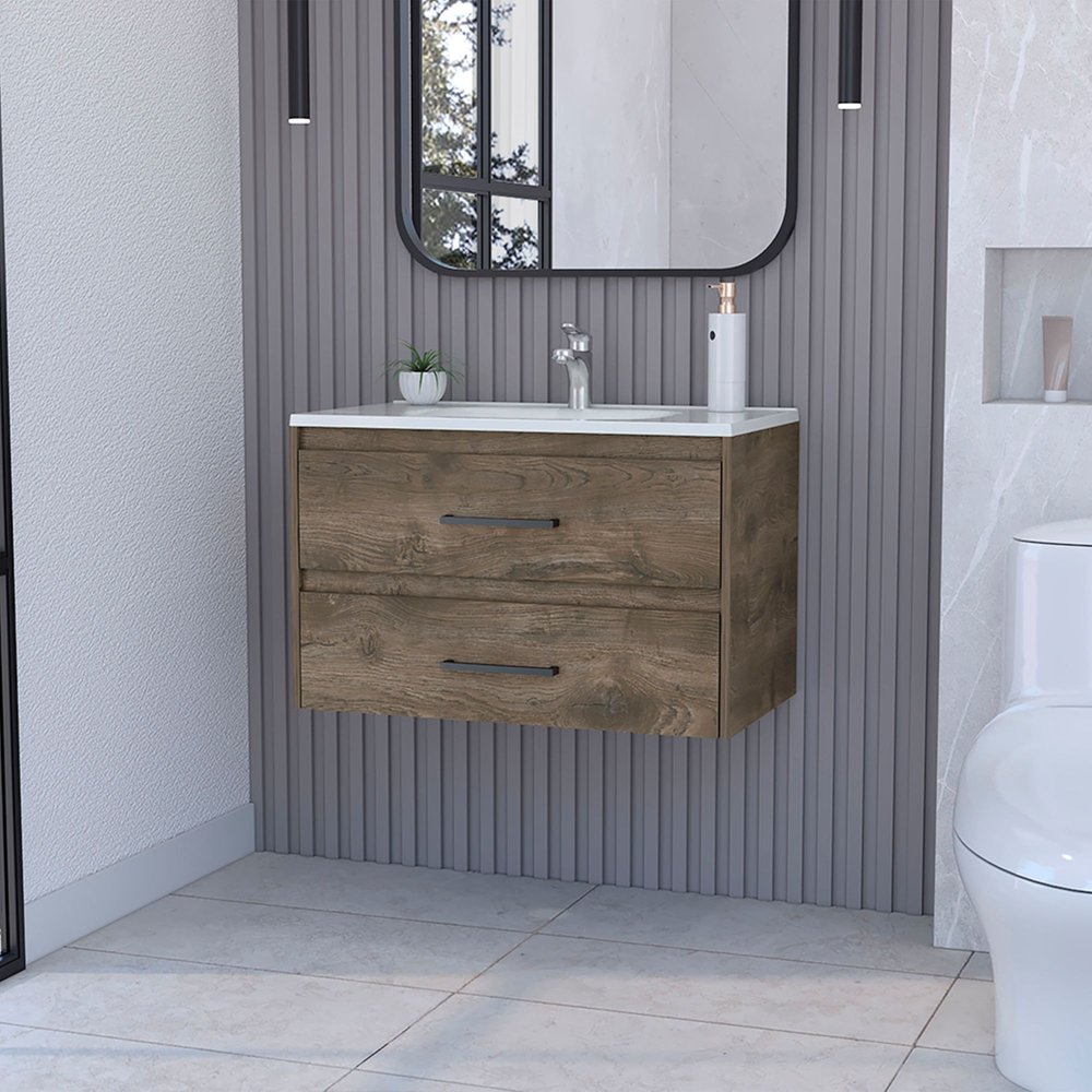 32" Dark Brown Wood Floating Bathroom Vanity With White Sink And Two Drawers — view 1