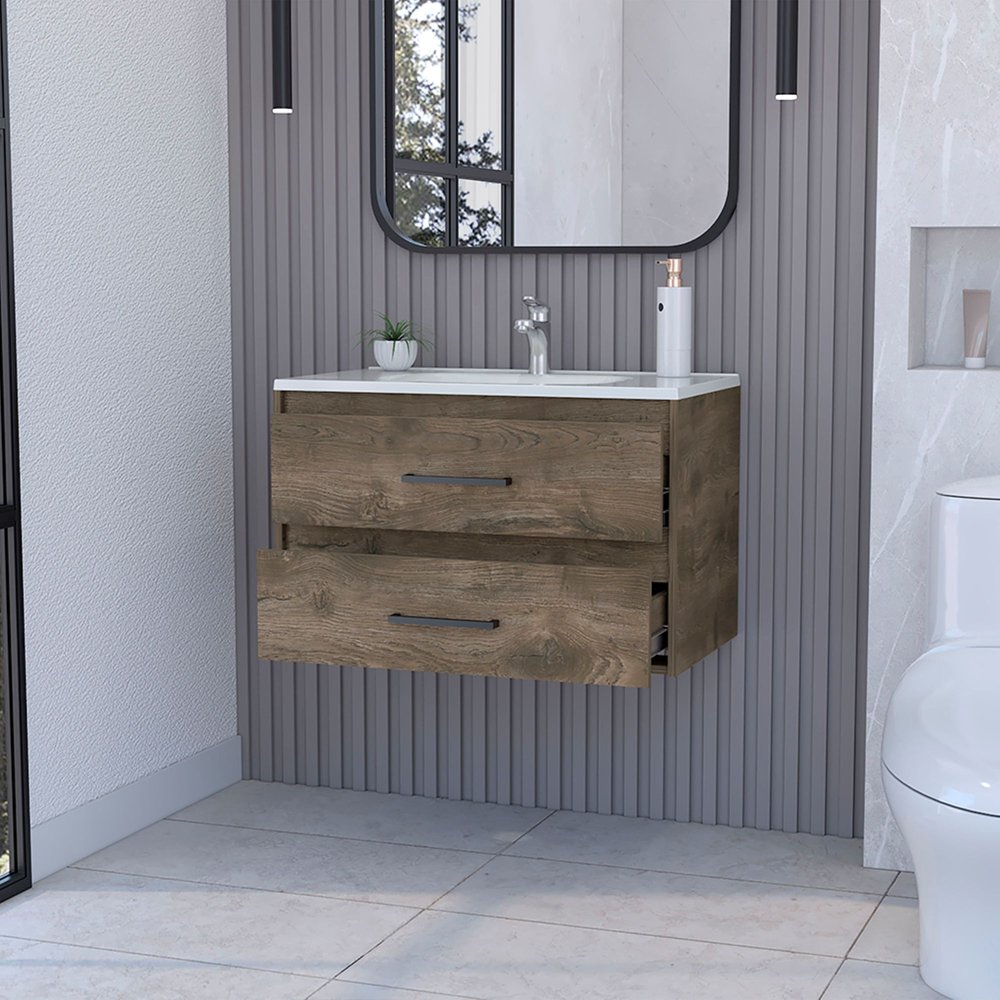 32" Dark Brown Wood Floating Bathroom Vanity With White Sink And Two Drawers — view 2