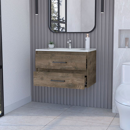 32" Dark Brown Wood Floating Bathroom Vanity With White Sink And Two Drawers