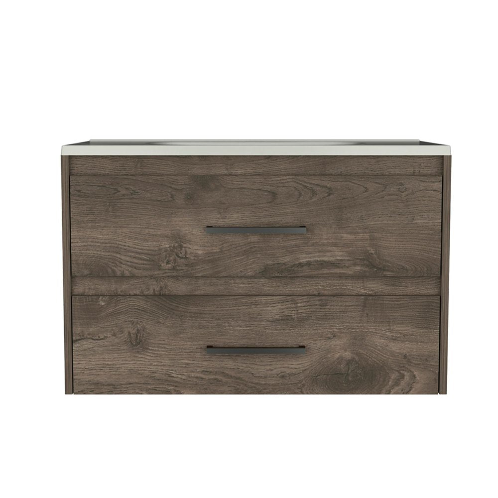 32" Dark Brown Wood Floating Bathroom Vanity With White Sink And Two Drawers — view 3