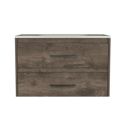 32" Dark Brown Wood Floating Bathroom Vanity With White Sink And Two Drawers