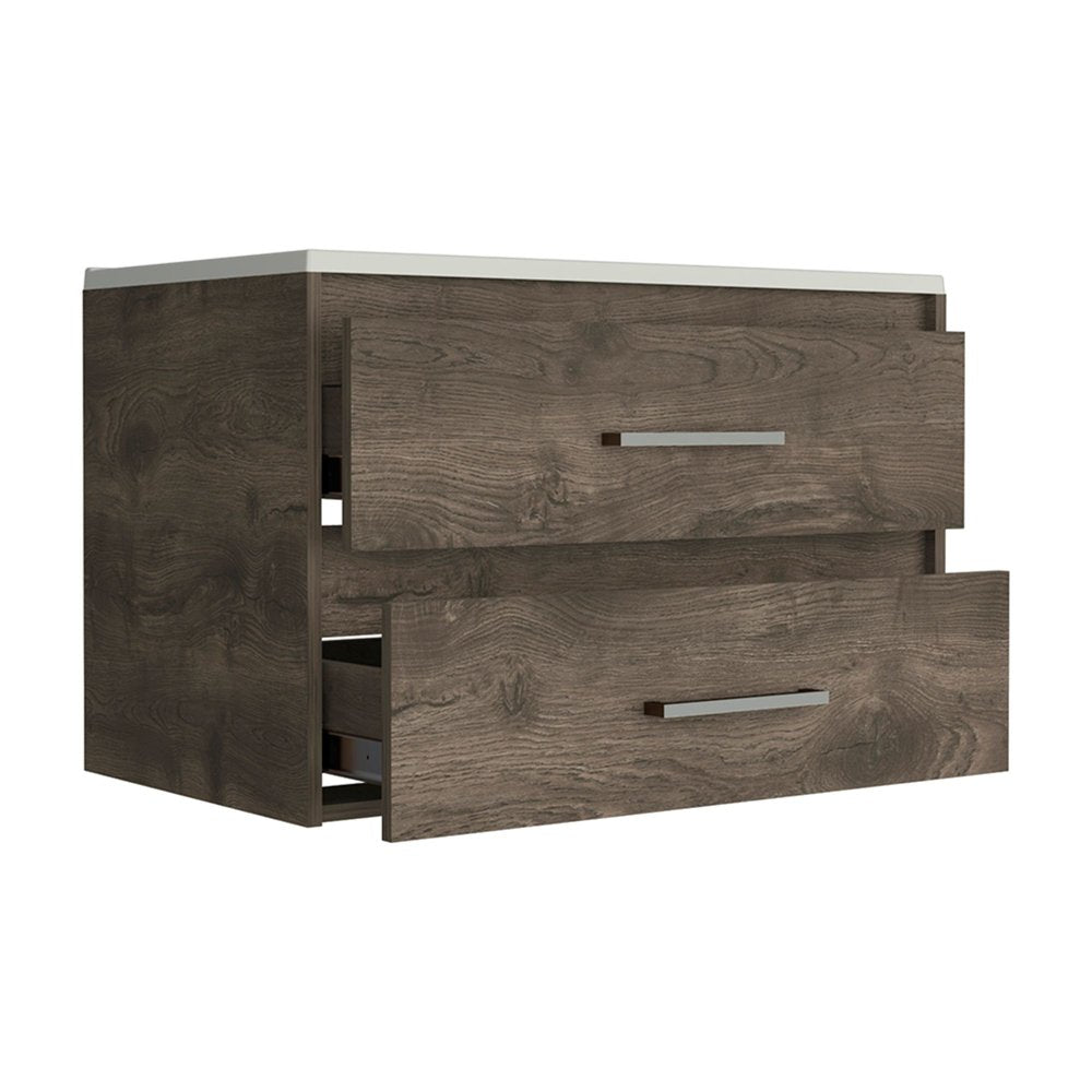32" Dark Brown Wood Floating Bathroom Vanity With White Sink And Two Drawers — view 4