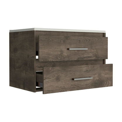 32" Dark Brown Wood Floating Bathroom Vanity With White Sink And Two Drawers