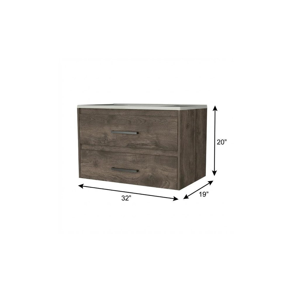 32" Dark Brown Wood Floating Bathroom Vanity With White Sink And Two Drawers — view 5