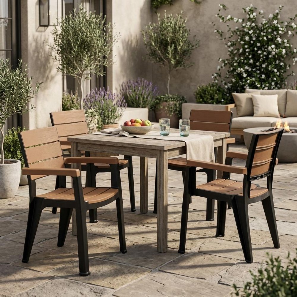 Set of Four Brown And Black Faux Wood Heavy Duty Plastic Outdoor Stacking Arm Chairs — view 8