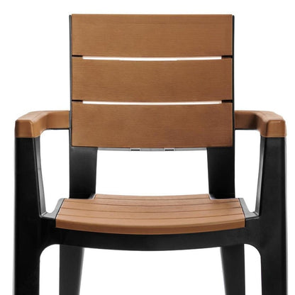 Set of Four Brown And Black Faux Wood Heavy Duty Plastic Outdoor Stacking Arm Chairs