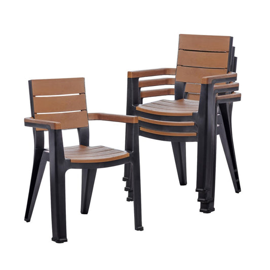 Set of Four Brown And Black Faux Wood Heavy Duty Plastic Outdoor Stacking Arm Chairs
