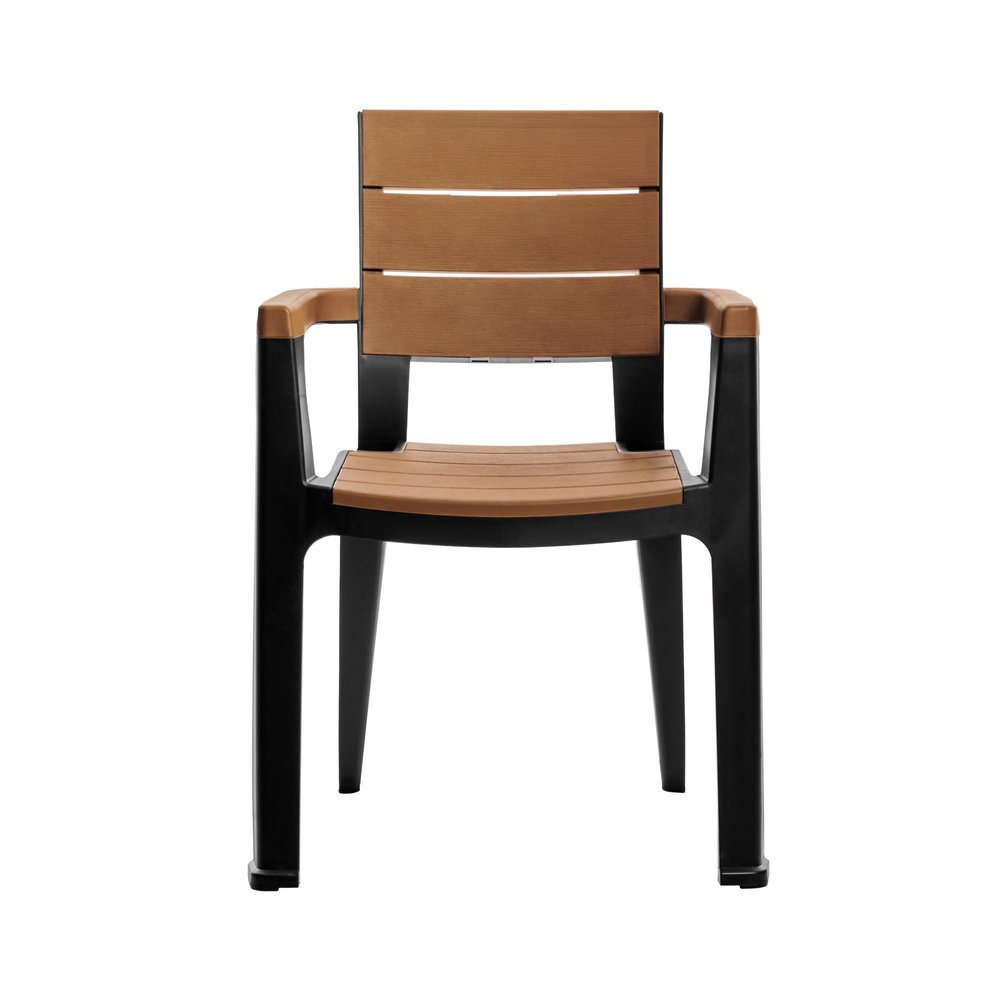Set of Four Brown And Black Faux Wood Heavy Duty Plastic Outdoor Stacking Arm Chairs — view 2