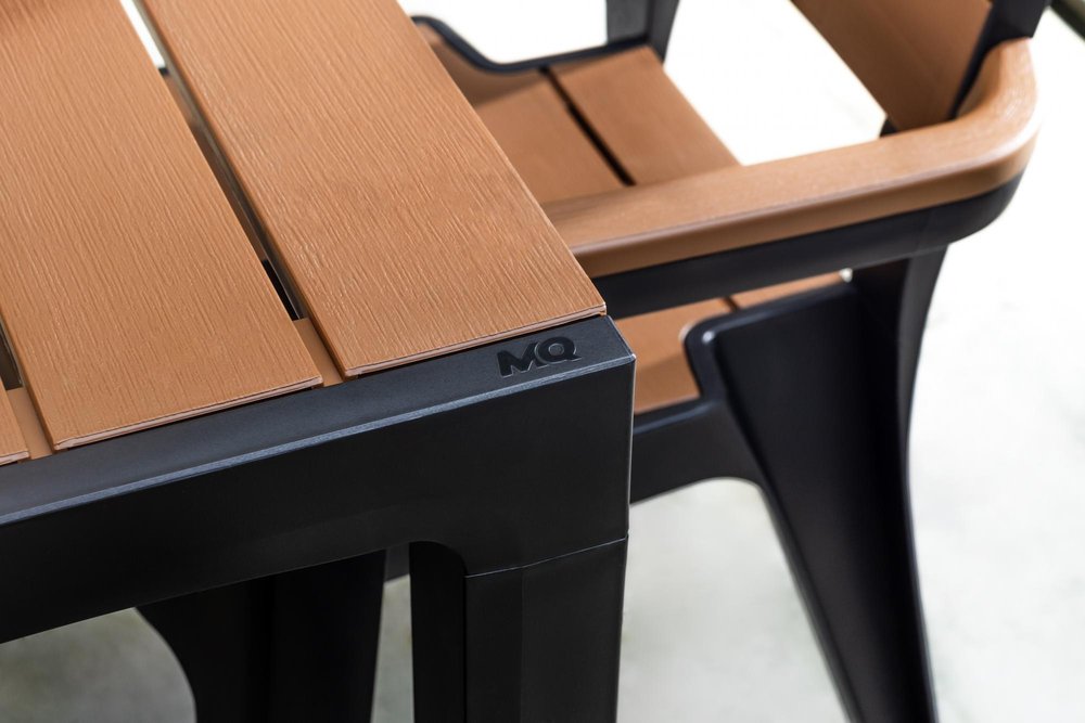 Set of Four Brown And Black Faux Wood Heavy Duty Plastic Outdoor Stacking Arm Chairs — view 3