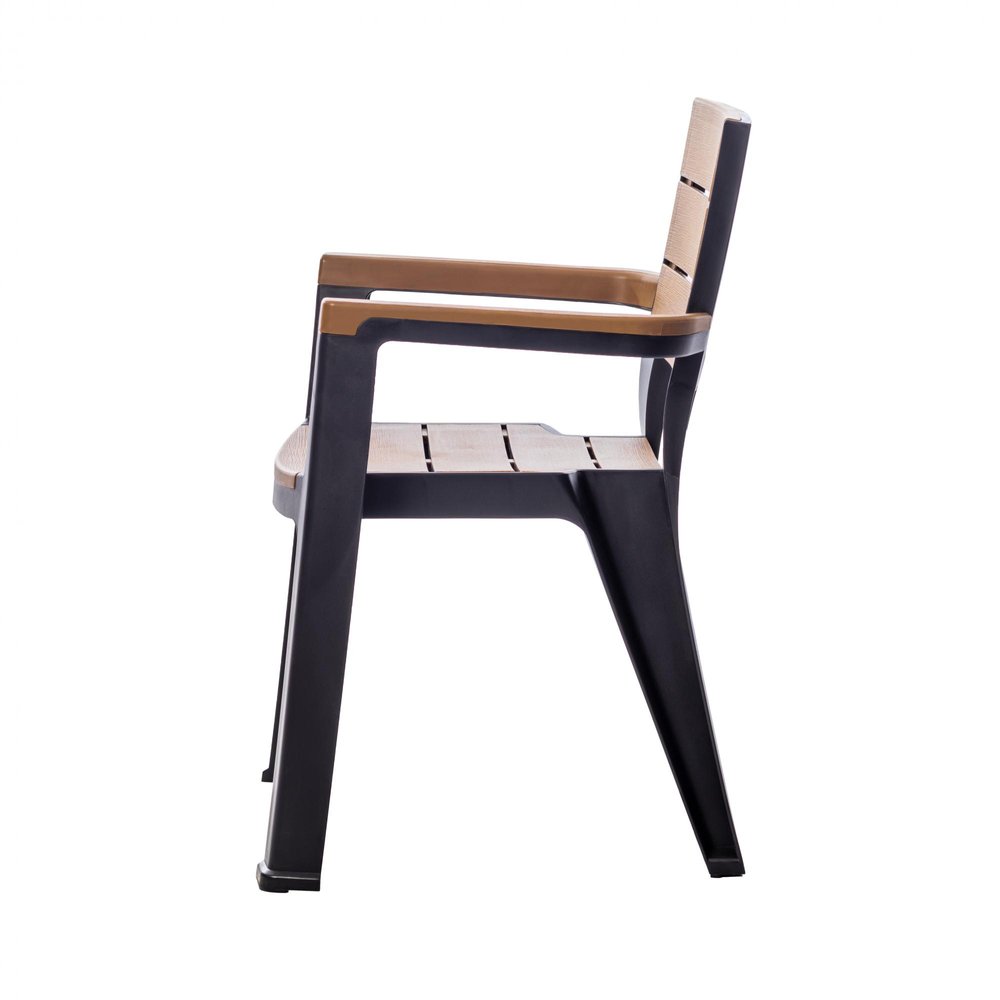 Set of Four Brown And Black Faux Wood Heavy Duty Plastic Outdoor Stacking Arm Chairs — view 4