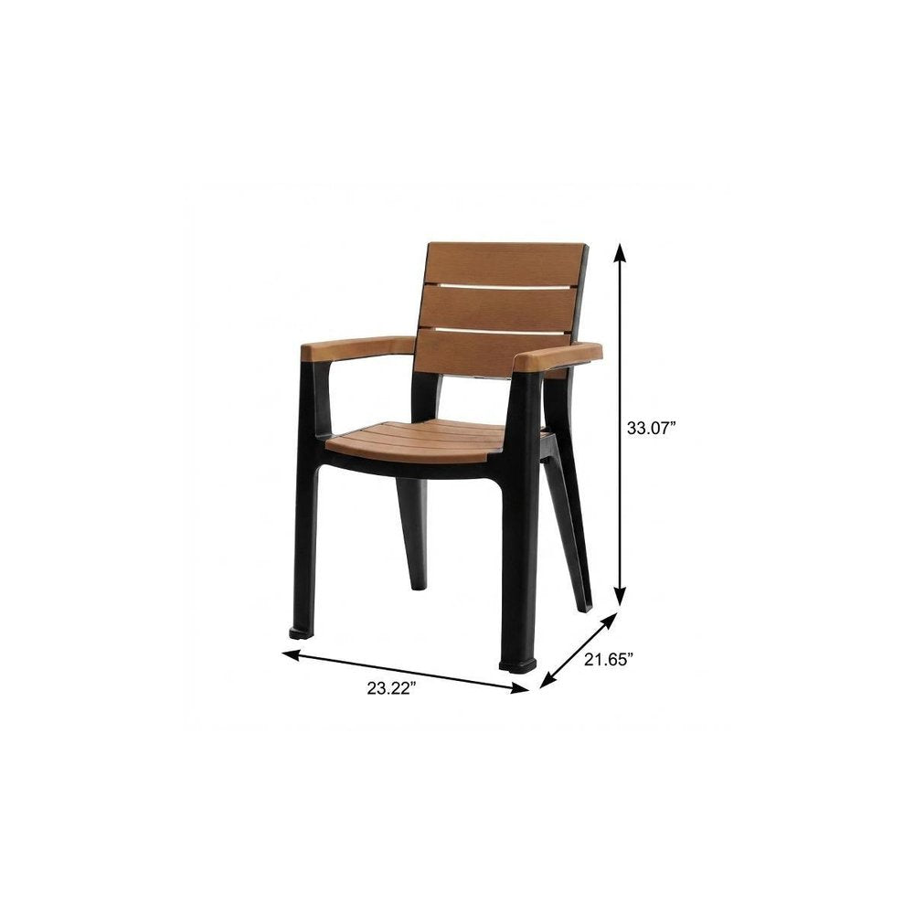 Set of Four Brown And Black Faux Wood Heavy Duty Plastic Outdoor Stacking Arm Chairs — view 5
