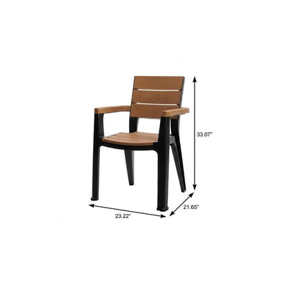 Set of Four Brown And Black Faux Wood Heavy Duty Plastic Outdoor Stacking Arm Chairs HomeRoots