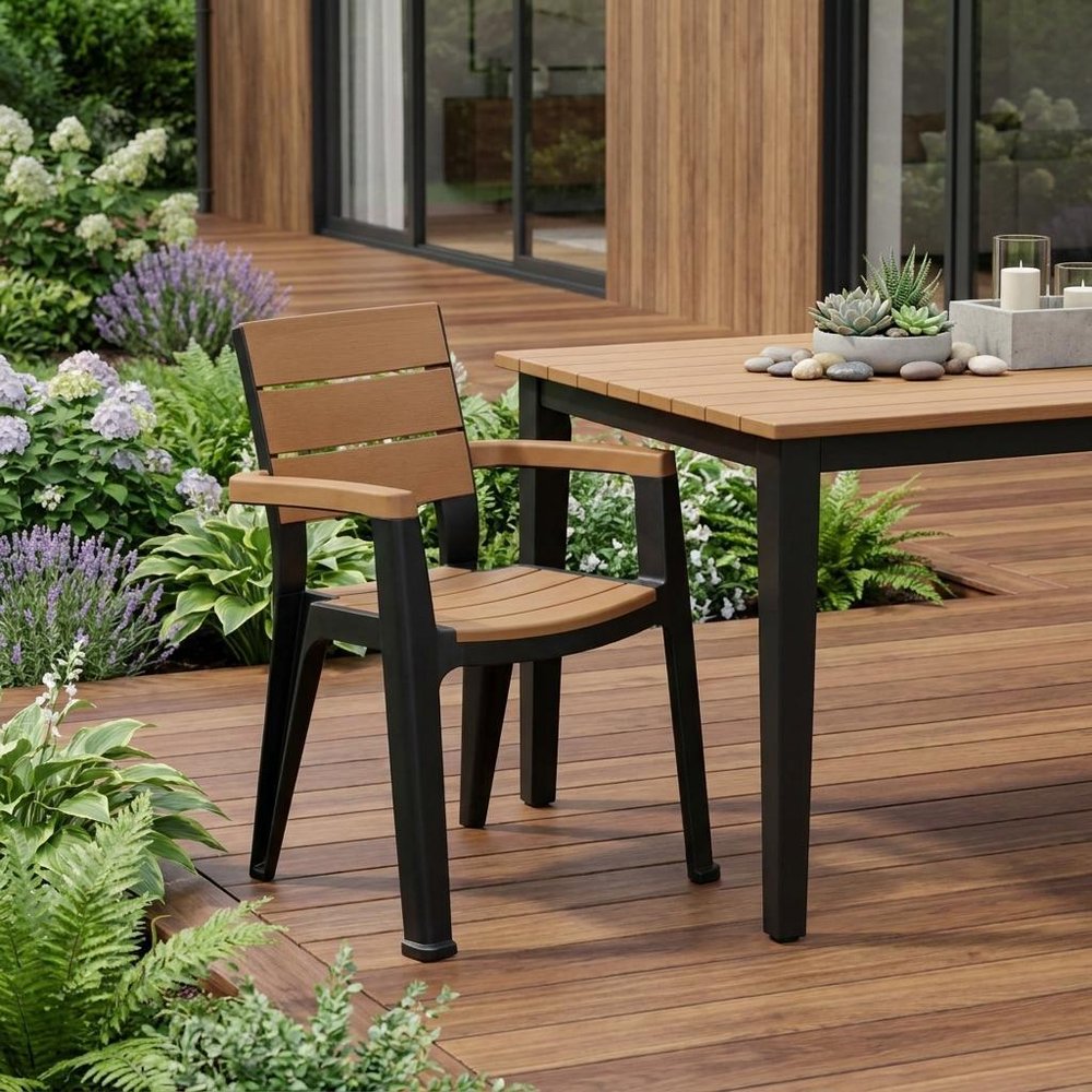 Set of Four Brown And Black Faux Wood Heavy Duty Plastic Outdoor Stacking Arm Chairs — view 6