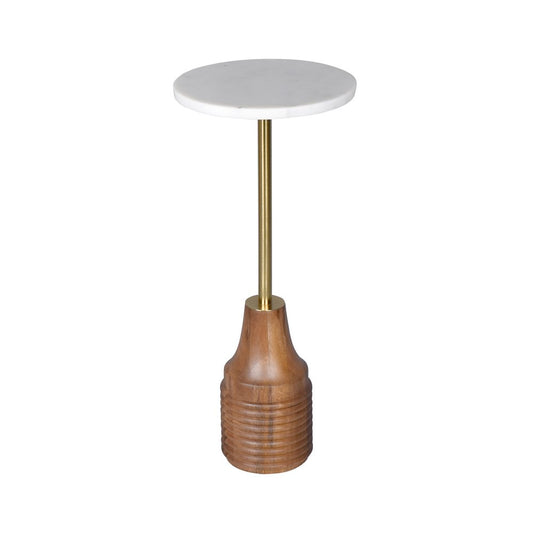 10" White Brown and Gold Marble Iron and Solid Wood Round Pedestal End Table