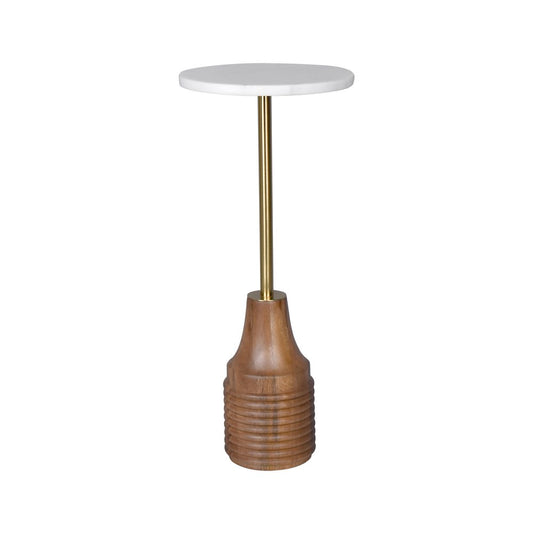 10" White Brown and Gold Marble Iron and Solid Wood Round Pedestal End Table
