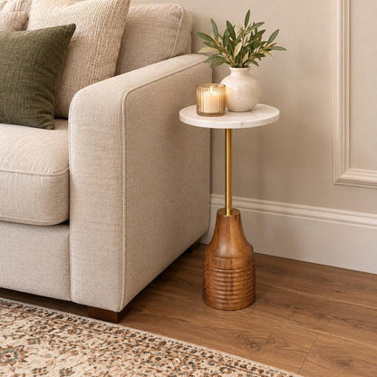 10" White Brown and Gold Marble Iron and Solid Wood Round Pedestal End Table