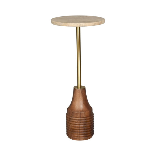 10" Beige Brown and Gold Marble Iron and Solid Wood Round Pedestal End Table