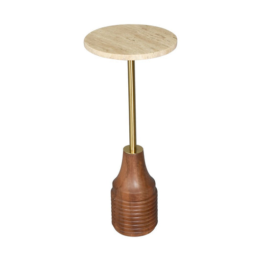 10" Beige Brown and Gold Marble Iron and Solid Wood Round Pedestal End Table