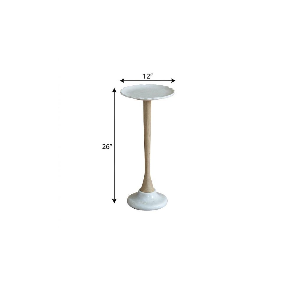 26" White And Natural Marble And Solid Wood Cocktail Pedestal End Table — view 10