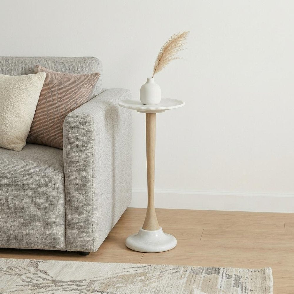 26" White And Natural Marble And Solid Wood Cocktail Pedestal End Table — view 2