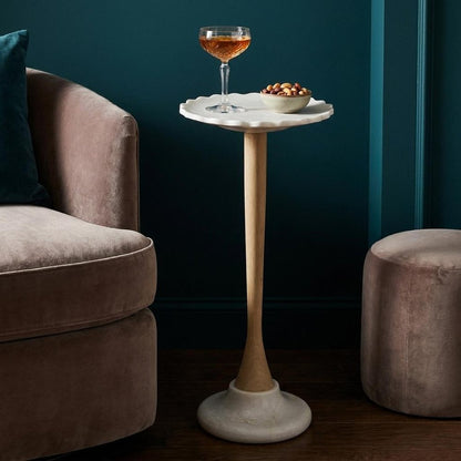 26" White And Natural Marble And Solid Wood Cocktail Pedestal End Table HomeRoots