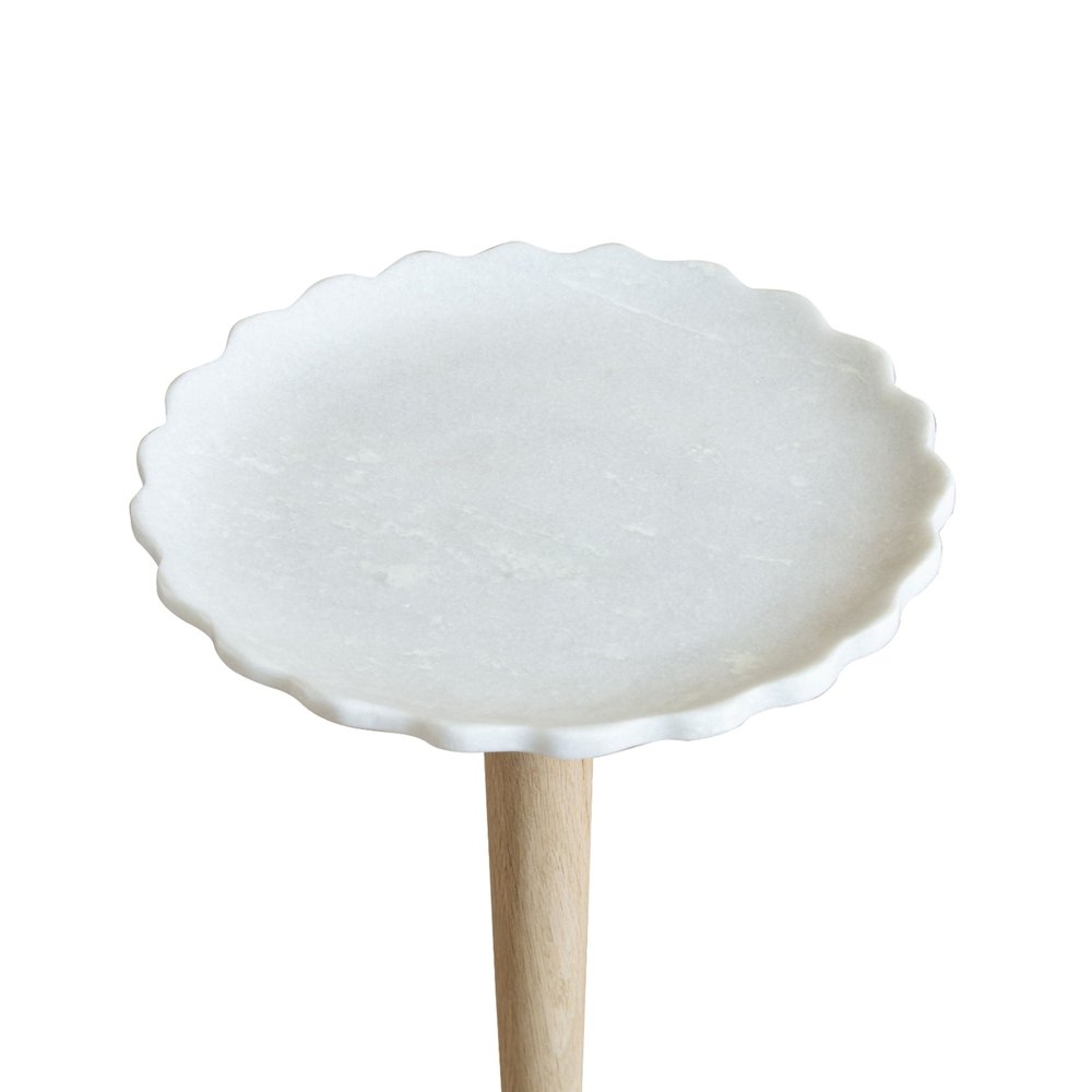26" White And Natural Marble And Solid Wood Cocktail Pedestal End Table — view 4