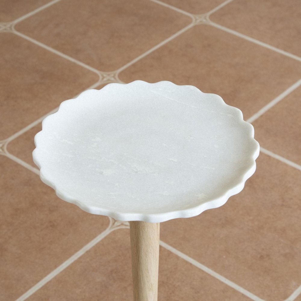26" White And Natural Marble And Solid Wood Cocktail Pedestal End Table — view 7